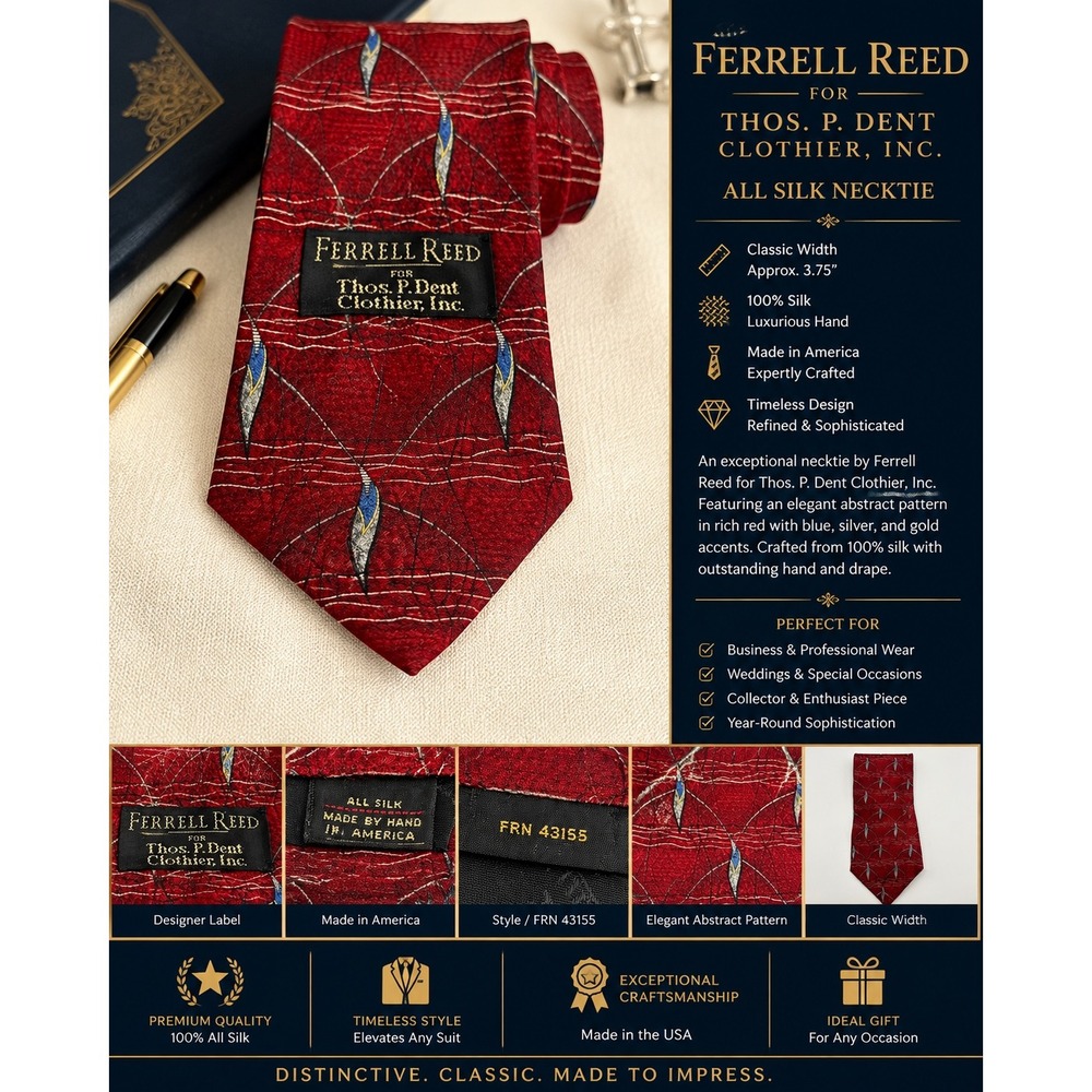 Ferrell Reed Thos P Dent Silk Tie Red Abstract Geometric Handmade USA FRN 43155